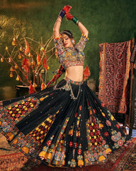 Dancer in traditional outfit with floral patterns in a decorative setting