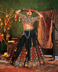 Woman in traditional embroidered outfit with a decorative background