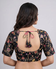 Elegant black pure viscose blouse with embroidery and printed motifs for women.