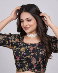 Traditional black embroidered viscose blouse with ornate printed accents.