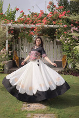 Women's Festive White Lehenga Set with Black Contrast Border, Embroidered Choli, and Elegant Ethnic Style