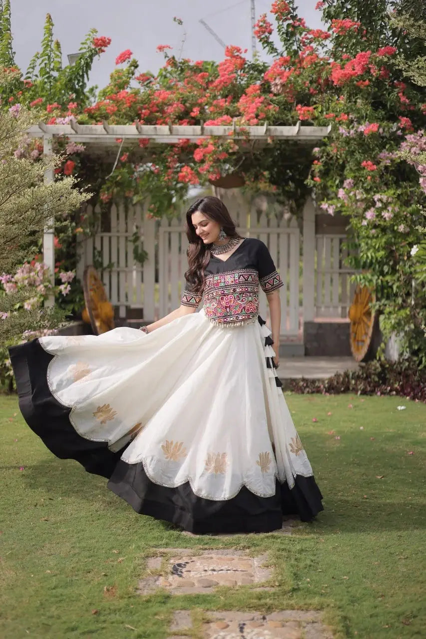Designer Black and White Lehenga featuring Intricate Kutchi Inspired Embroidery and Flowing Flared Silhouette