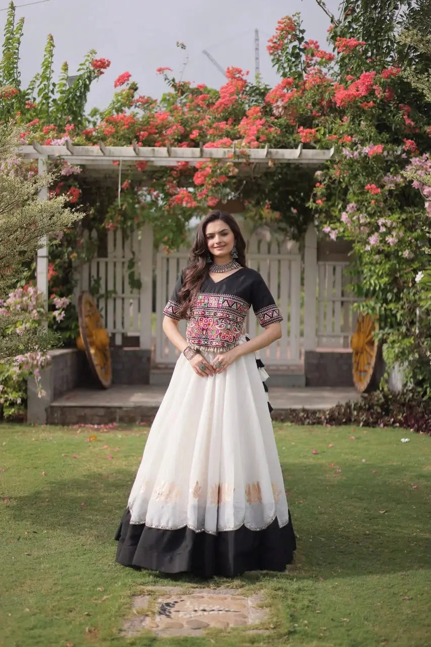 Women's Black and Ivory White Lehenga Choli with Colorful Kutchi Embroidery and Elegant Traditional Design