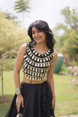 Fashion-forward black lehenga blends classic Indian craftsmanship with contemporary designer aesthetics.
