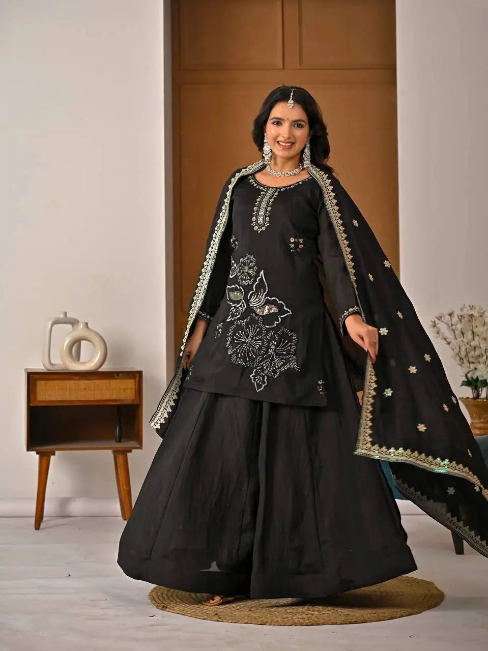 Festive Black Embroidered Suit featuring Wide Palazzo Pants, Ornate Dupatta, and Timeless Indian Elegance