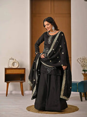 Traditional Black Party Wear Kurta Set with Intricate Silver Embroidery and Elegant Floral Design