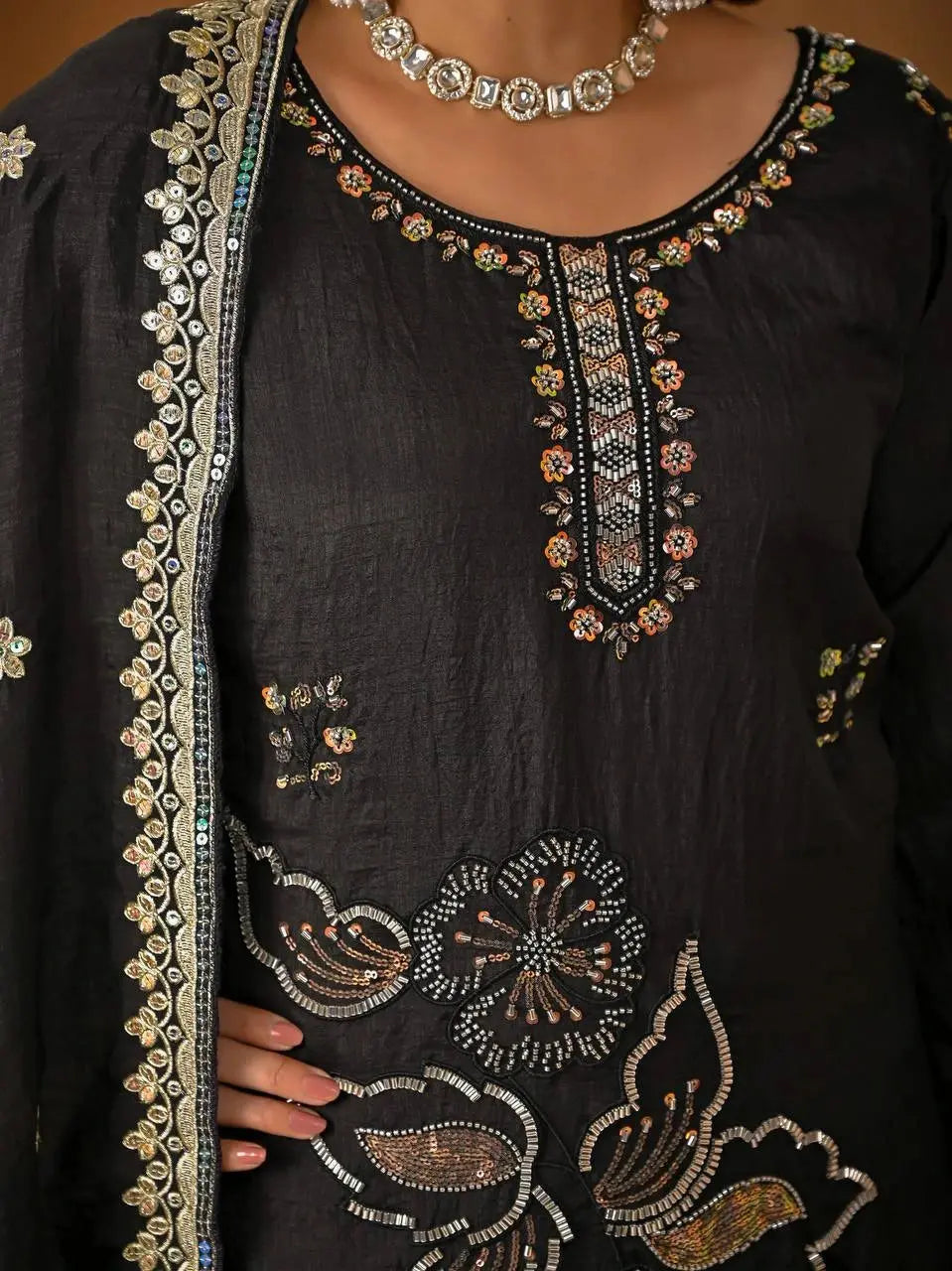 Women's Black Embroidered Kurta Palazzo Dress with Decorative Dupatta Border and Elegant Traditional Look