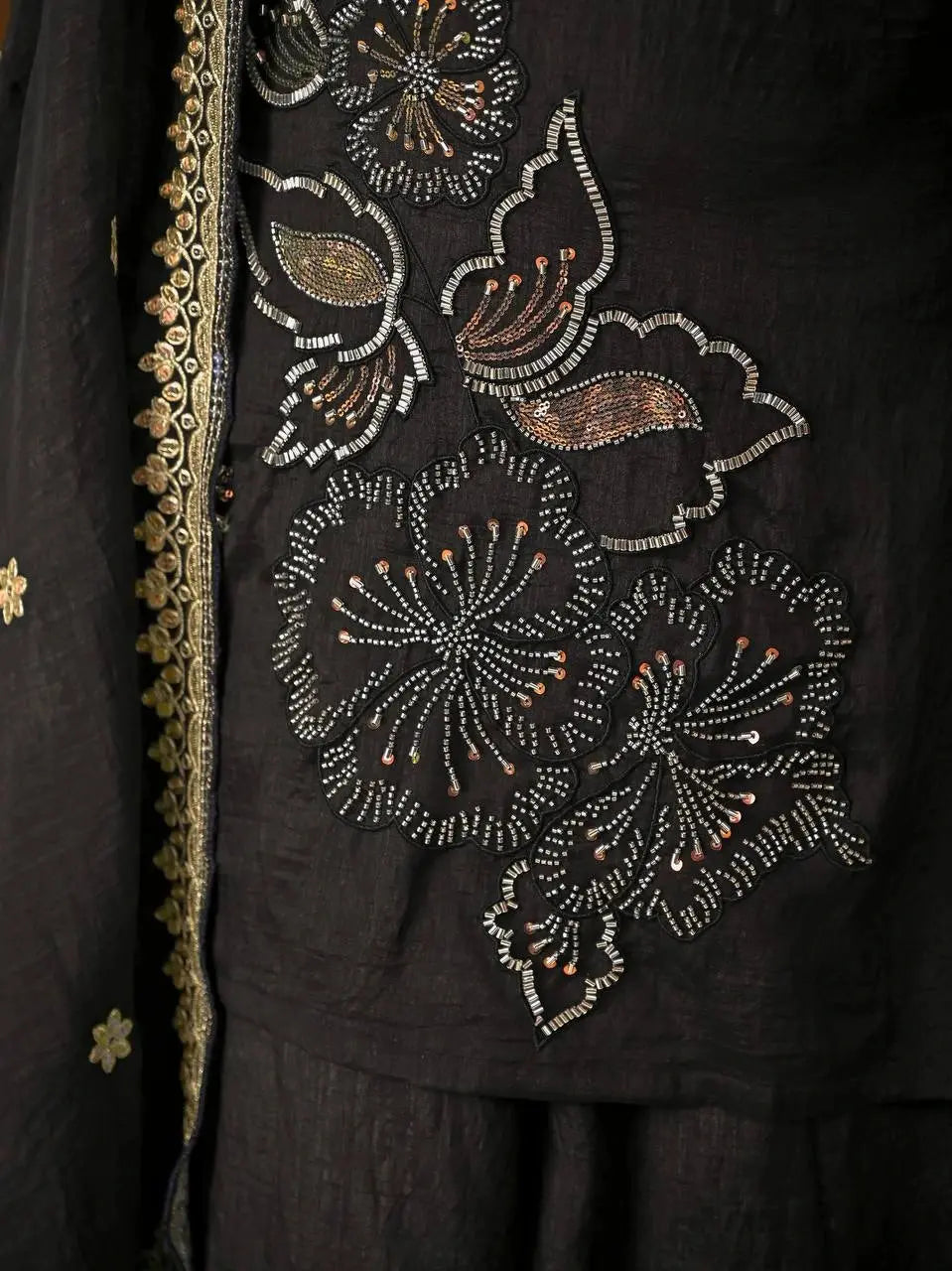 Premium Black Festive Wear Suit Set featuring Floral Thread and Sequins Work with Graceful Palazzo Bottom