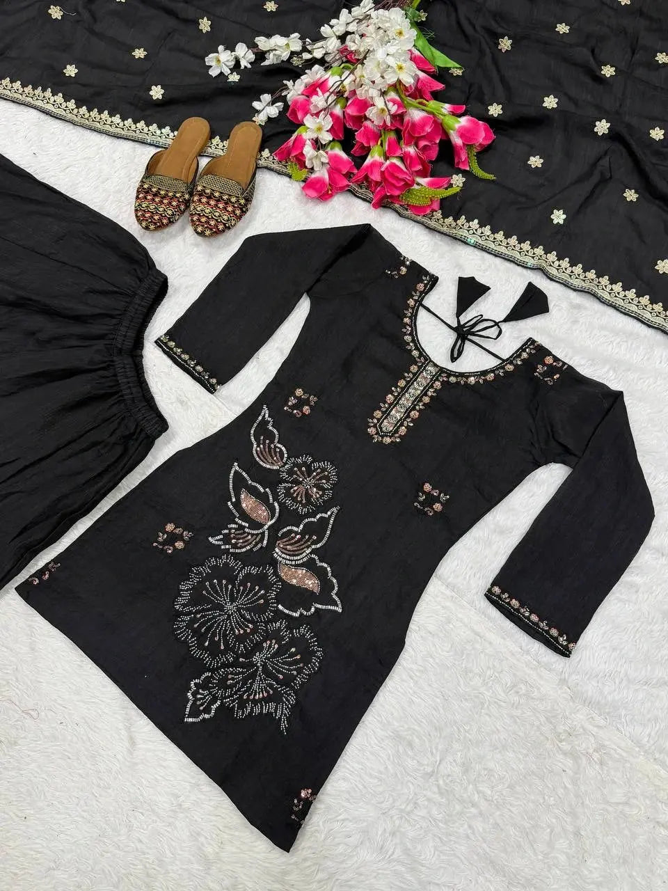 Beautiful Black Palazzo Suit with Heavy Embroidered Kurta, Coordinated Dupatta, and Traditional Ethnic Style