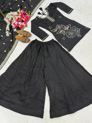 Designer Black Kurta Set with Sequins Floral Motifs, Embroidered Neckline, and Elegant Party Wear Appeal