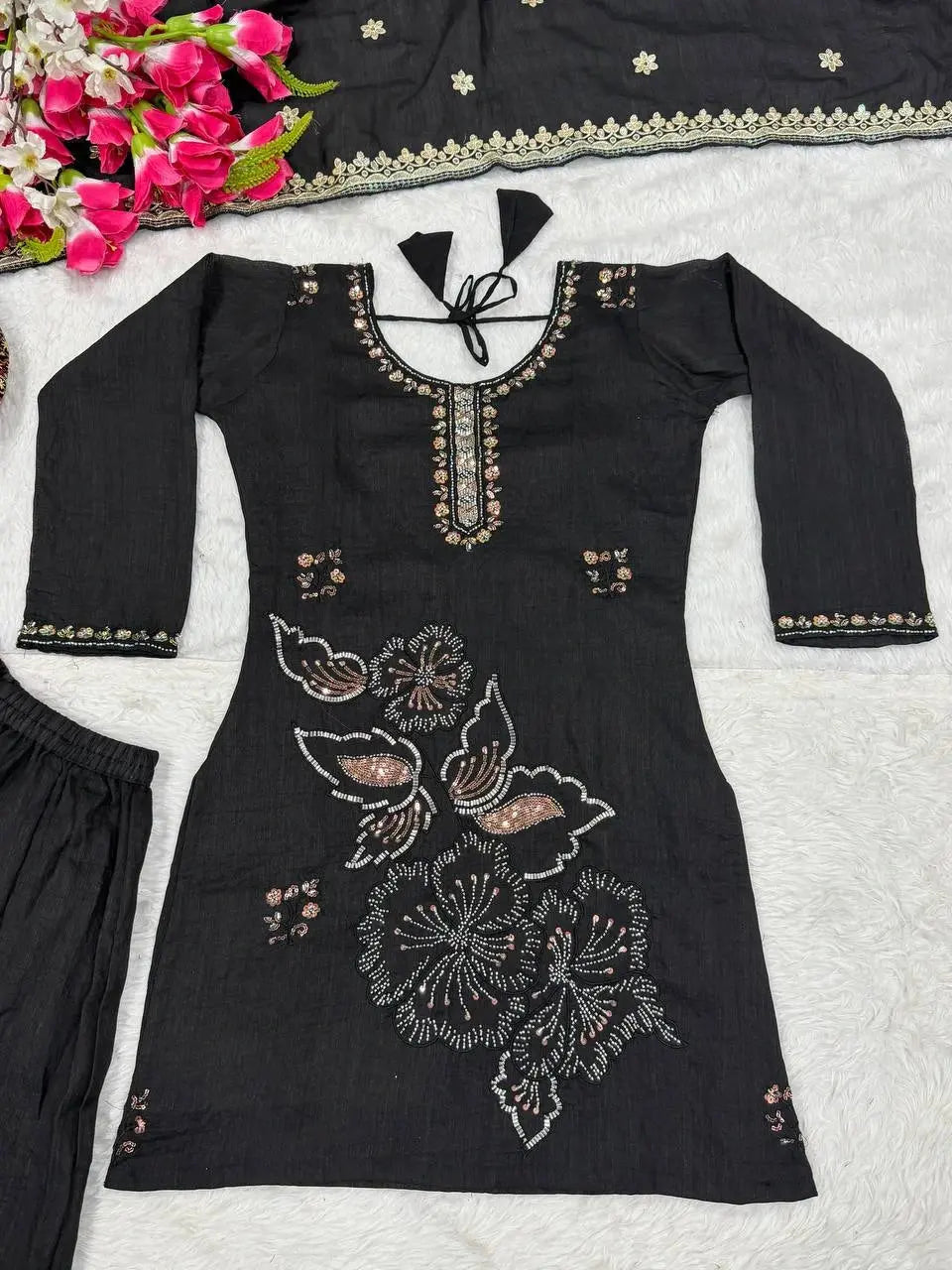 Women's Black Ethnic Suit featuring Intricate Floral Embroidery, Wide Palazzo Pants, and Matching Embellished Dupatta