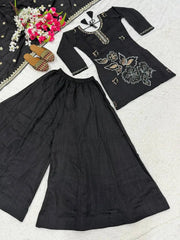 Elegant Black Embroidered Kurta Palazzo Set with Floral Sequins Work and Designer Dupatta for Festive Wear