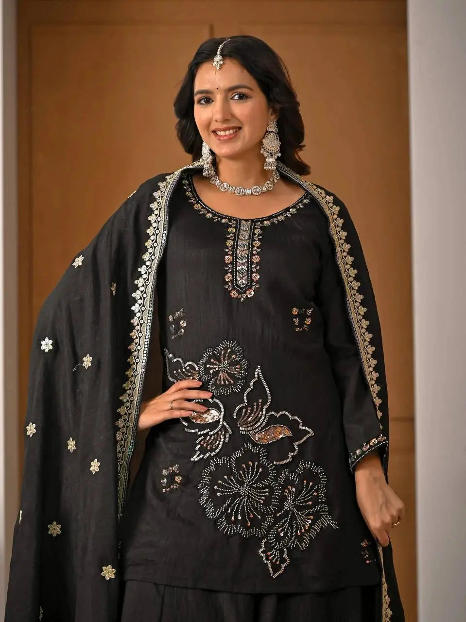 Stylish Black Ethnic Suit Set with Designer Floral Embellishments, Wide Leg Palazzo, and Matching Dupatta