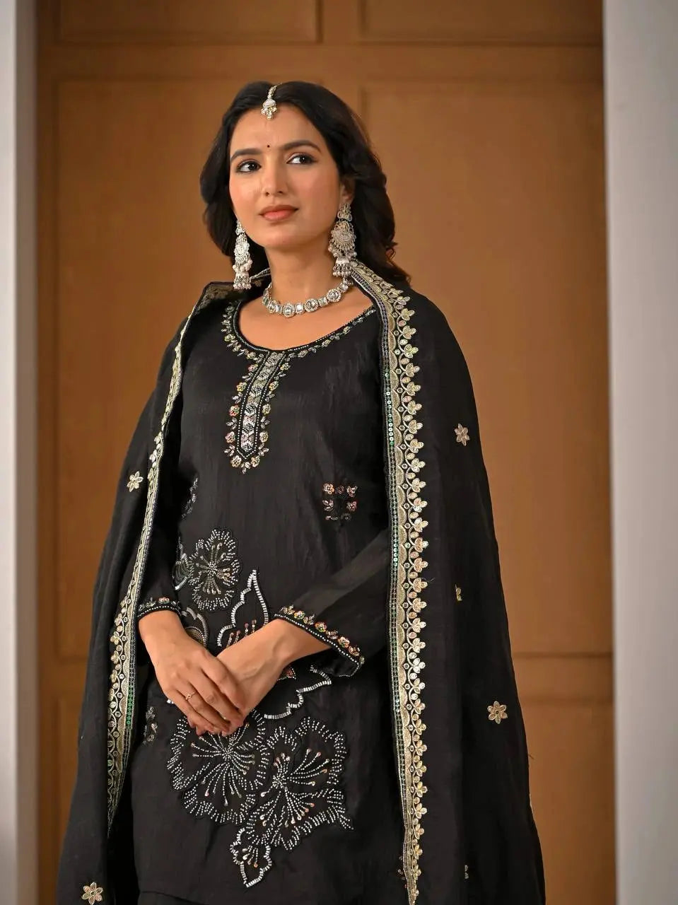 Designer Black Kurta Palazzo Set with Sequins Embroidery, Floral Artwork, and Sophisticated Ethnic Fashion