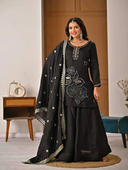 Women's Black Designer Suit Set with Floral Sequins Embroidery, Palazzo Pants, Embroidered Dupatta, and Elegant Ethnic Appeal