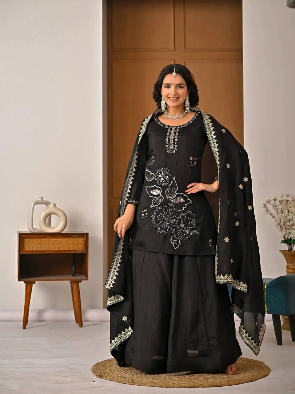 Traditional Black Kurta Palazzo Outfit with Silver Embroidery, Designer Dupatta, and Festive Celebration Look
