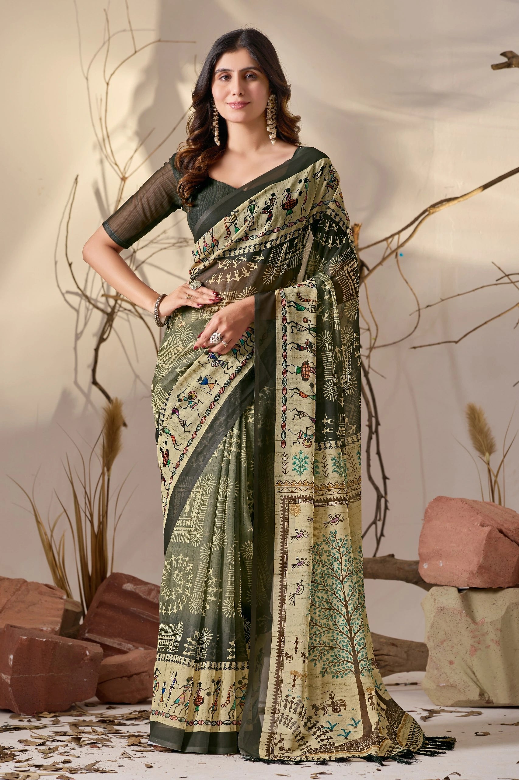 Shop Black Warli Print Georgette Saree | Kalyanja
