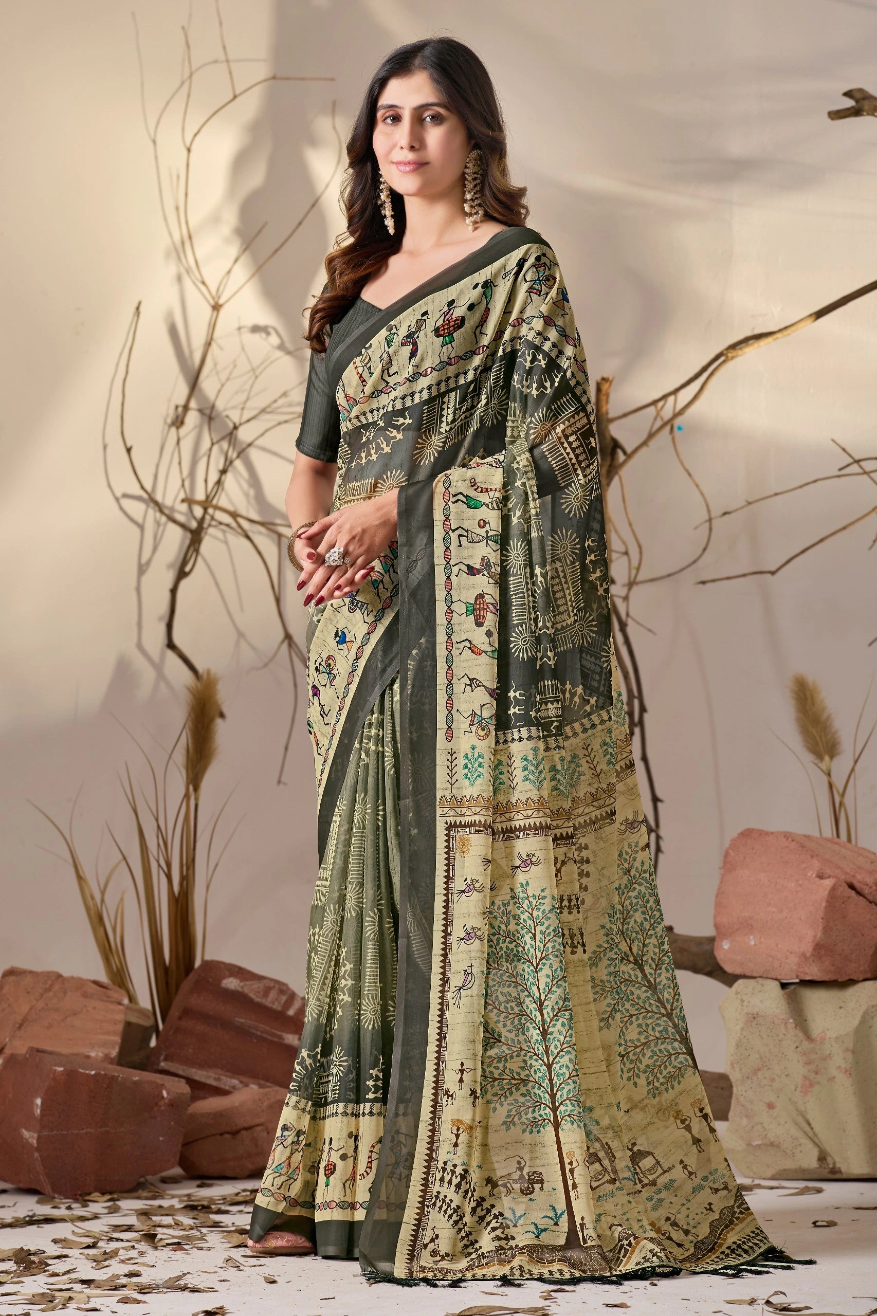 Shop Black Warli Print Georgette Saree | Kalyanja
