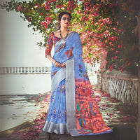 Blue Gray Floral Print Silk Saree