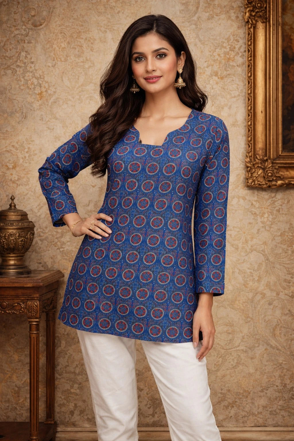 Woman wearing a blue patterned top and white pants in an indoor setting.