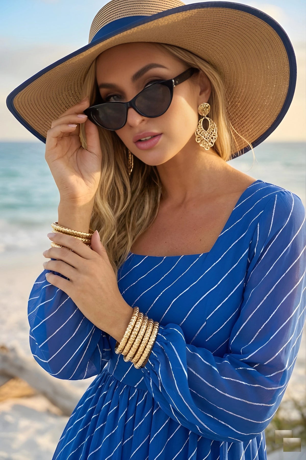 Woman in a blue dress and sun hat on a beach
