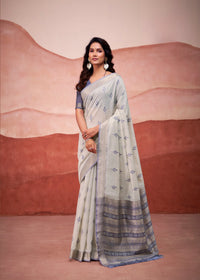 Blue Gray Zari Weaving Cotton Saree