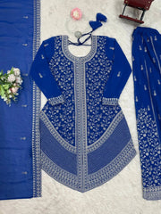 Blue embroidered traditional outfit with matching dupatta on a light gray background