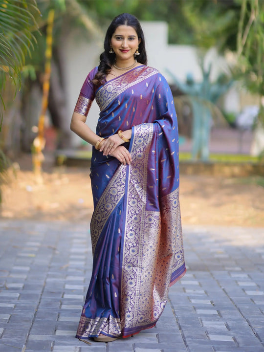 Woman wearing a blue and purple saree with a patterned border outdoors.