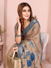 Brown Digital Floral Print Saree closeup – blue chrysanthemum and teal lily print detail on linen cotton