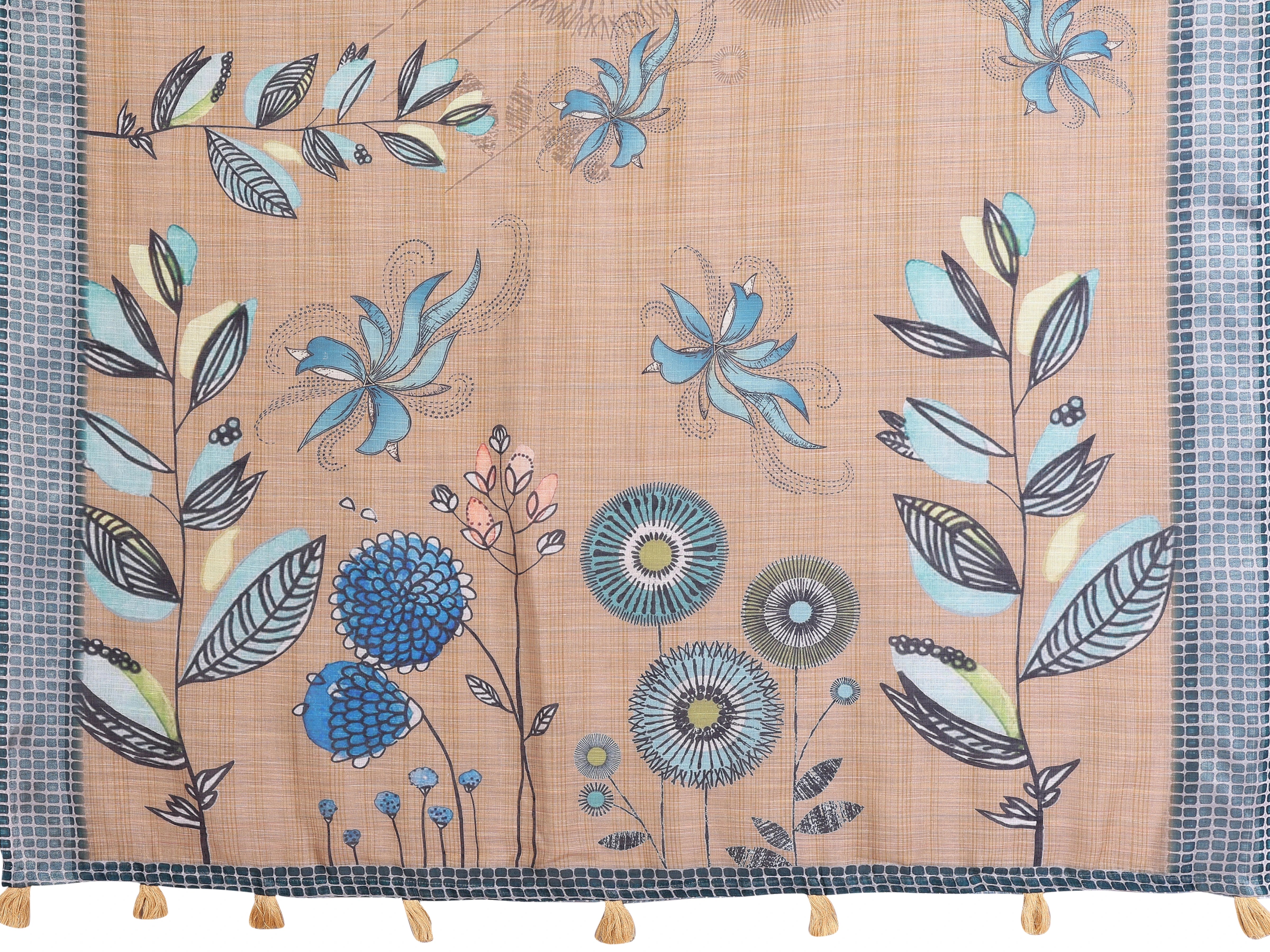 Brown Digital Floral Print Saree flat lay – full saree and blouse piece, blue botanical print with golden tassels