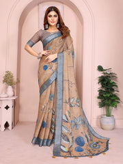 Brown Digital Floral Print Saree front view – linen cotton with blue botanical motifs and checkered contrast border