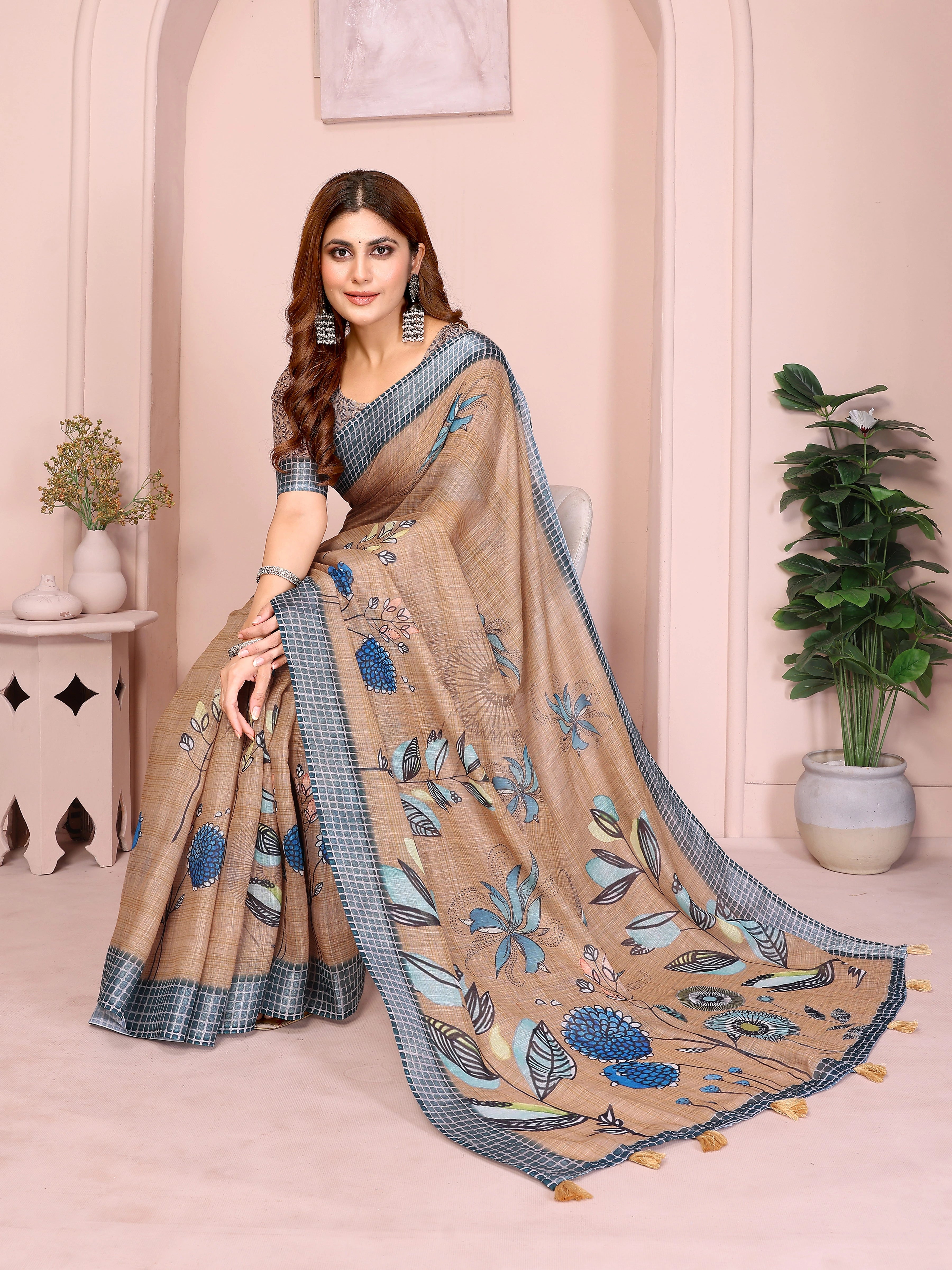 Brown Digital Floral Print Saree on model – blue chrysanthemum and teal floral print on warm brown linen cotton