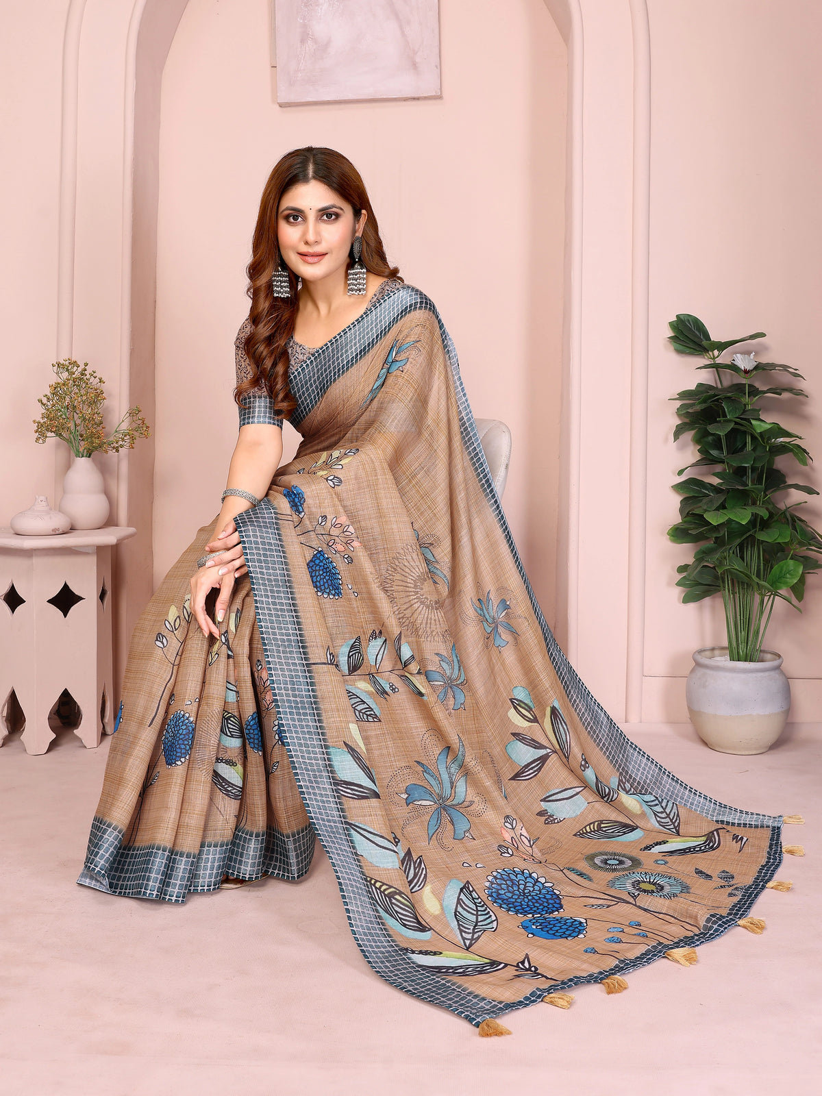 Brown Digital Floral Print Saree on model – blue chrysanthemum and teal floral print on warm brown linen cotton
