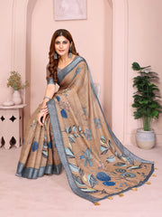 Brown Digital Floral Print Saree on model – blue chrysanthemum and teal floral print on warm brown linen cotton