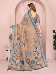 Brown Digital Floral Print Saree back view – dense blue botanical pallu with checkered contrast border