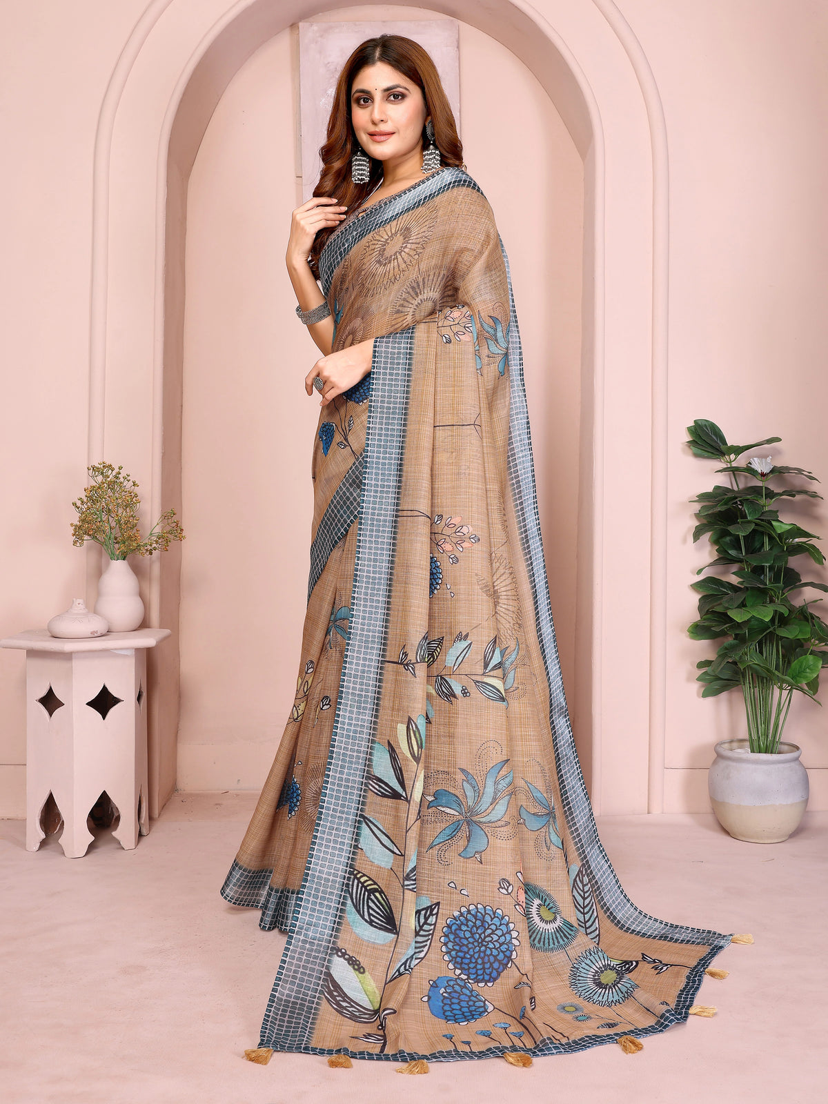 Brown Digital Floral Print Saree side drape – printed pallu with botanical motifs and golden tassel hem