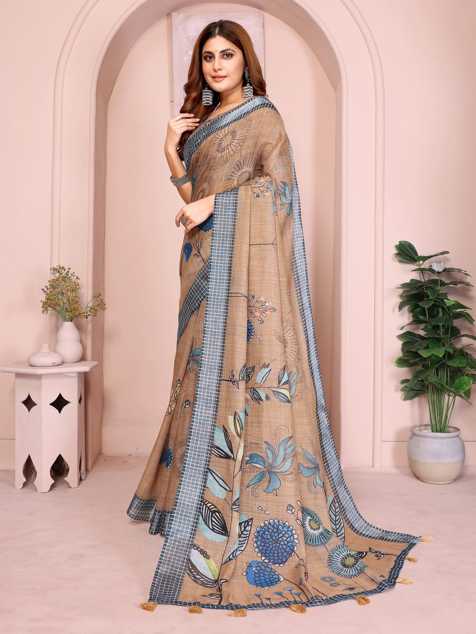 Brown Digital Floral Print Saree side drape – printed pallu with botanical motifs and golden tassel hem