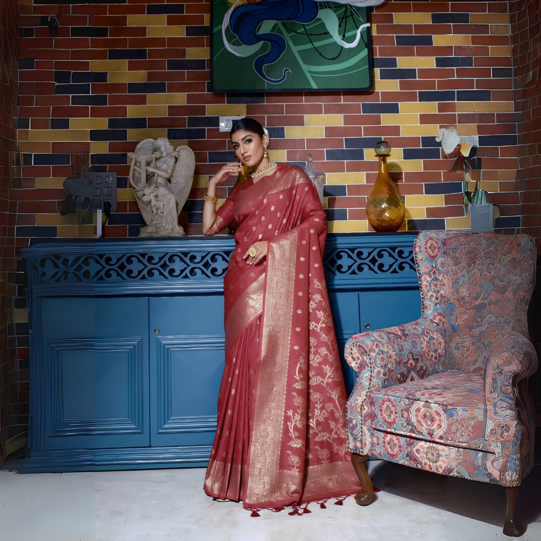 Brown Zari Weaving Banarasi Raw Silk Saree
