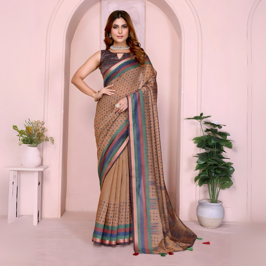 Dark Brown Ikkat Print with Zari Woven Cotton Saree