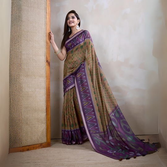 Brown Ikkat Print with Zari Woven Cotton Saree