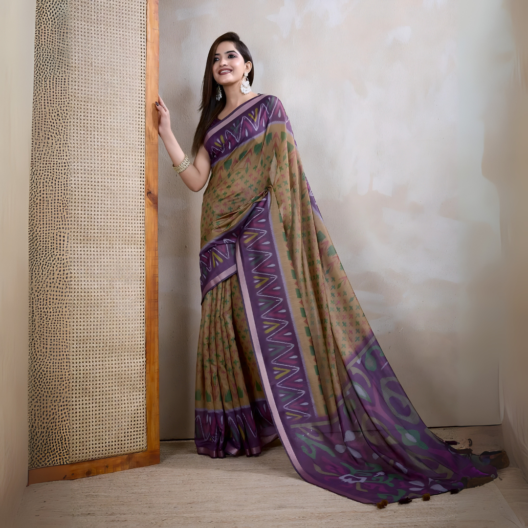Brown Ikkat Print with Zari Woven Cotton Saree