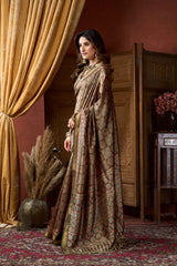 Woman in a patterned saree standing in an elegant room with draped curtains and decorative elements.