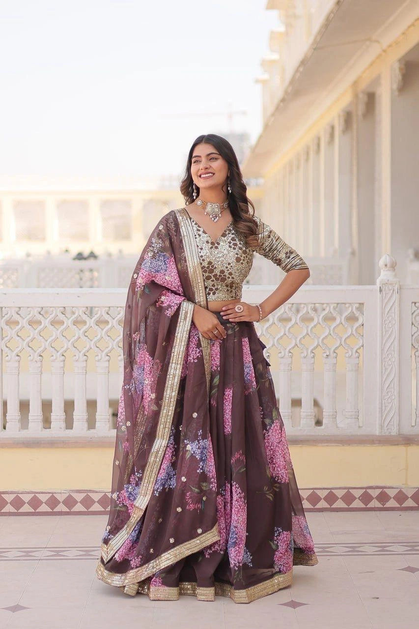 Woman in a traditional outfit with a floral pattern standing on a decorative porch.