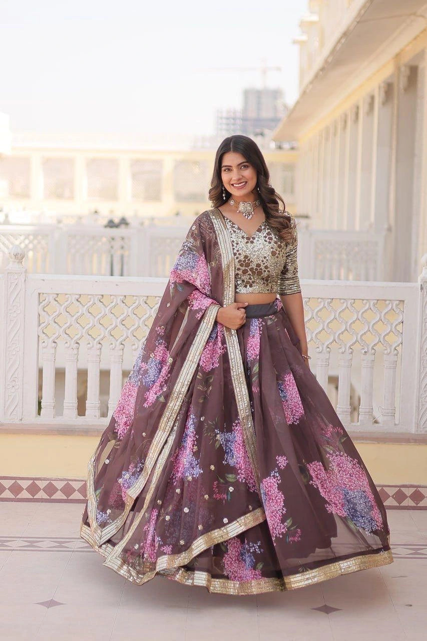Woman in a traditional outfit with floral patterns on a balcony