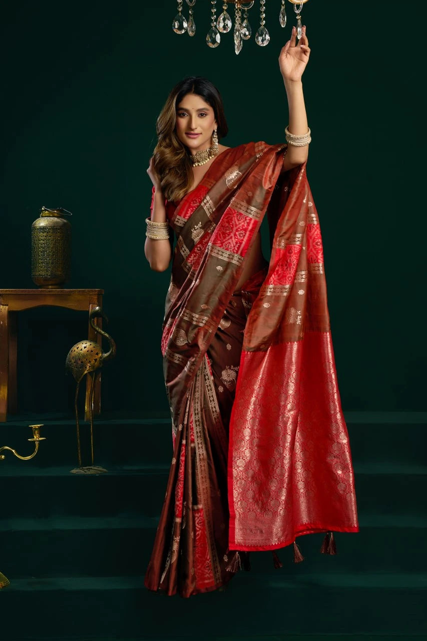 Woman in a red and brown saree against a dark green background