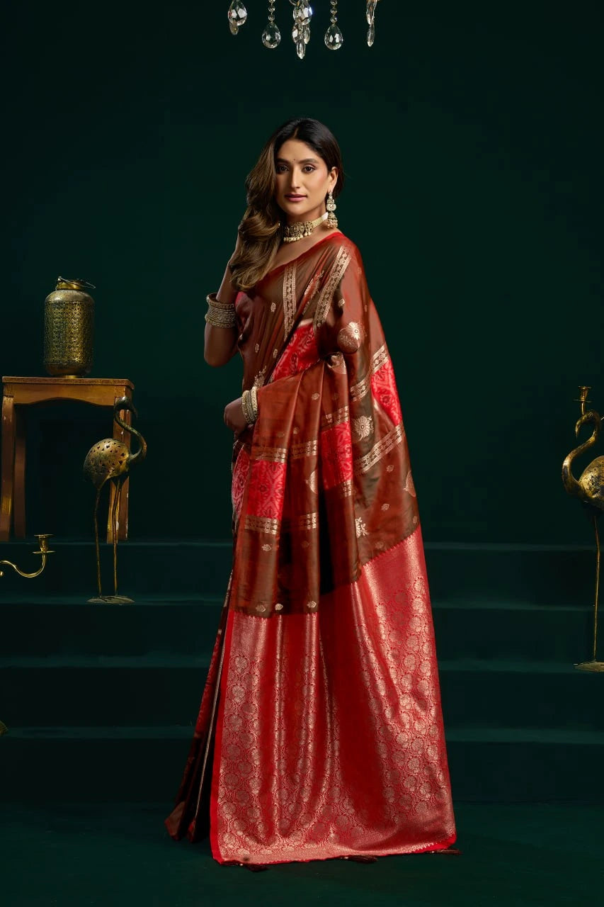 Woman wearing a red and brown saree with a dark background