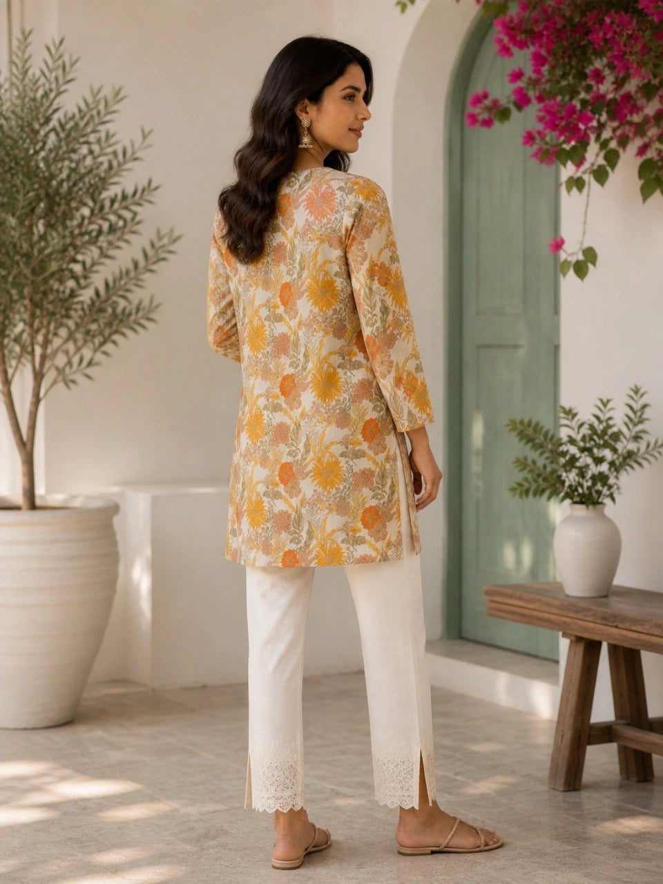Woman in a floral top and white pants standing in a home setting with plants and a door.