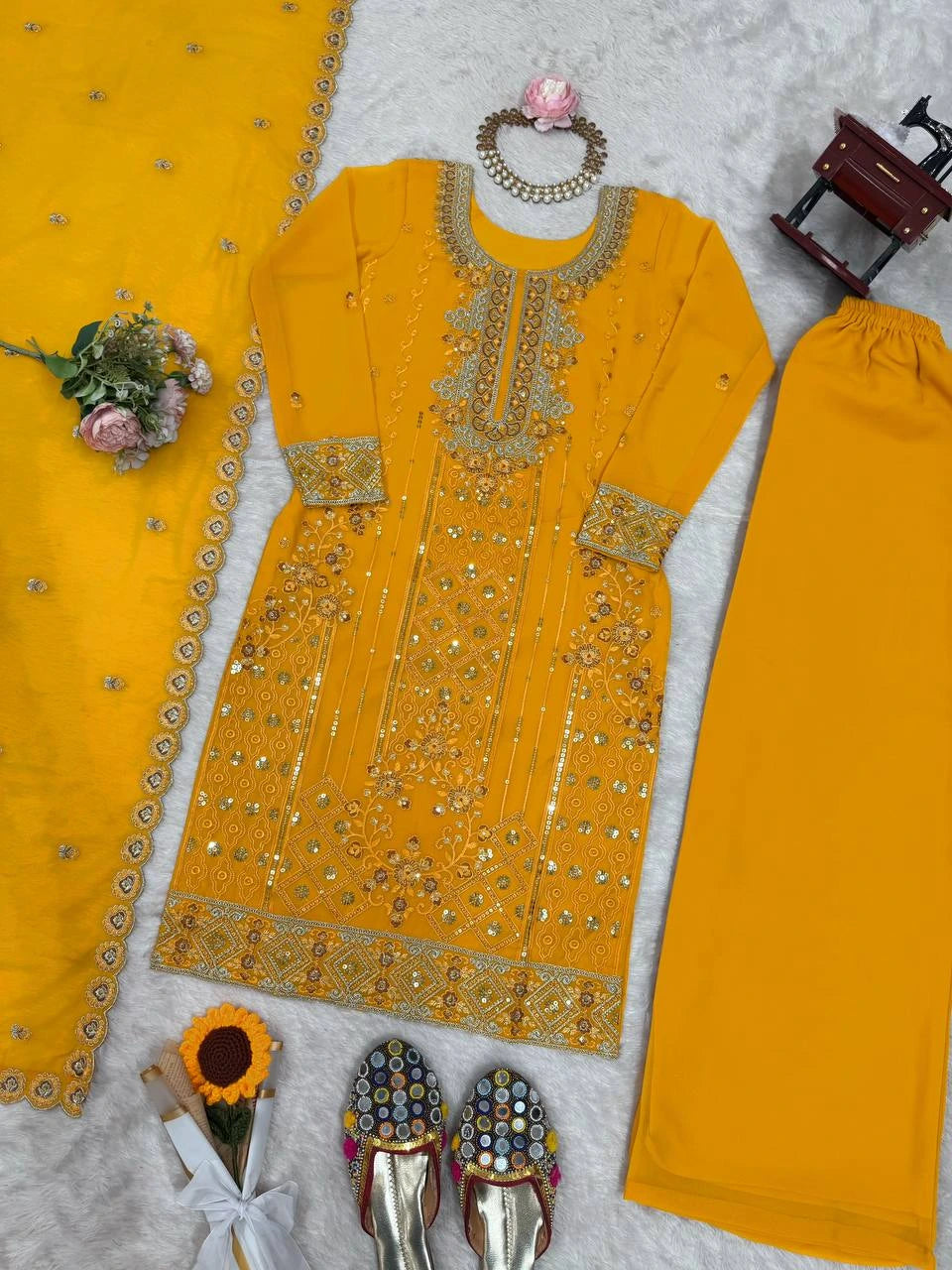 Yellow embroidered traditional outfit with accessories on a light gray background