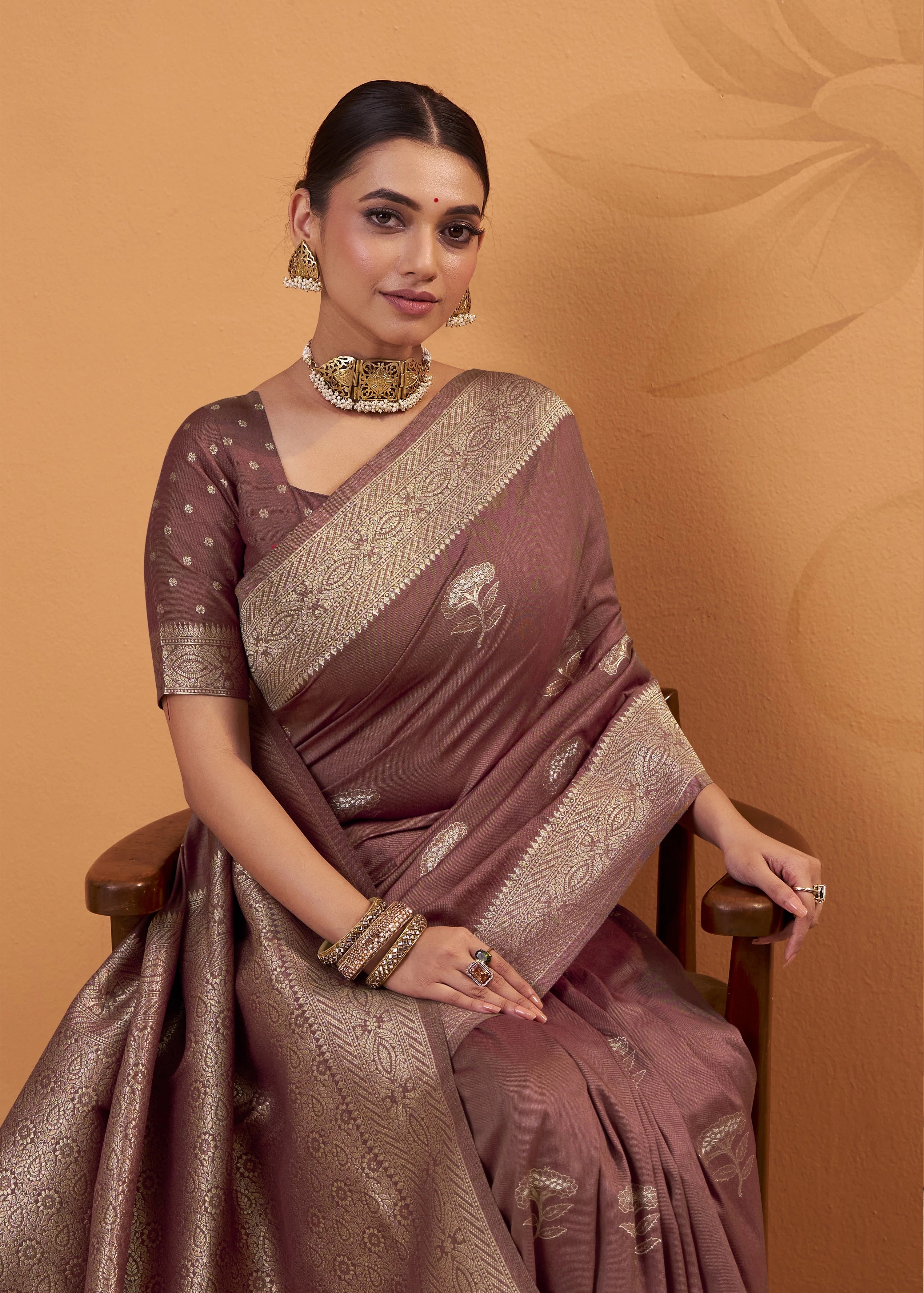 Woman wearing a traditional saree with intricate patterns on a brown background