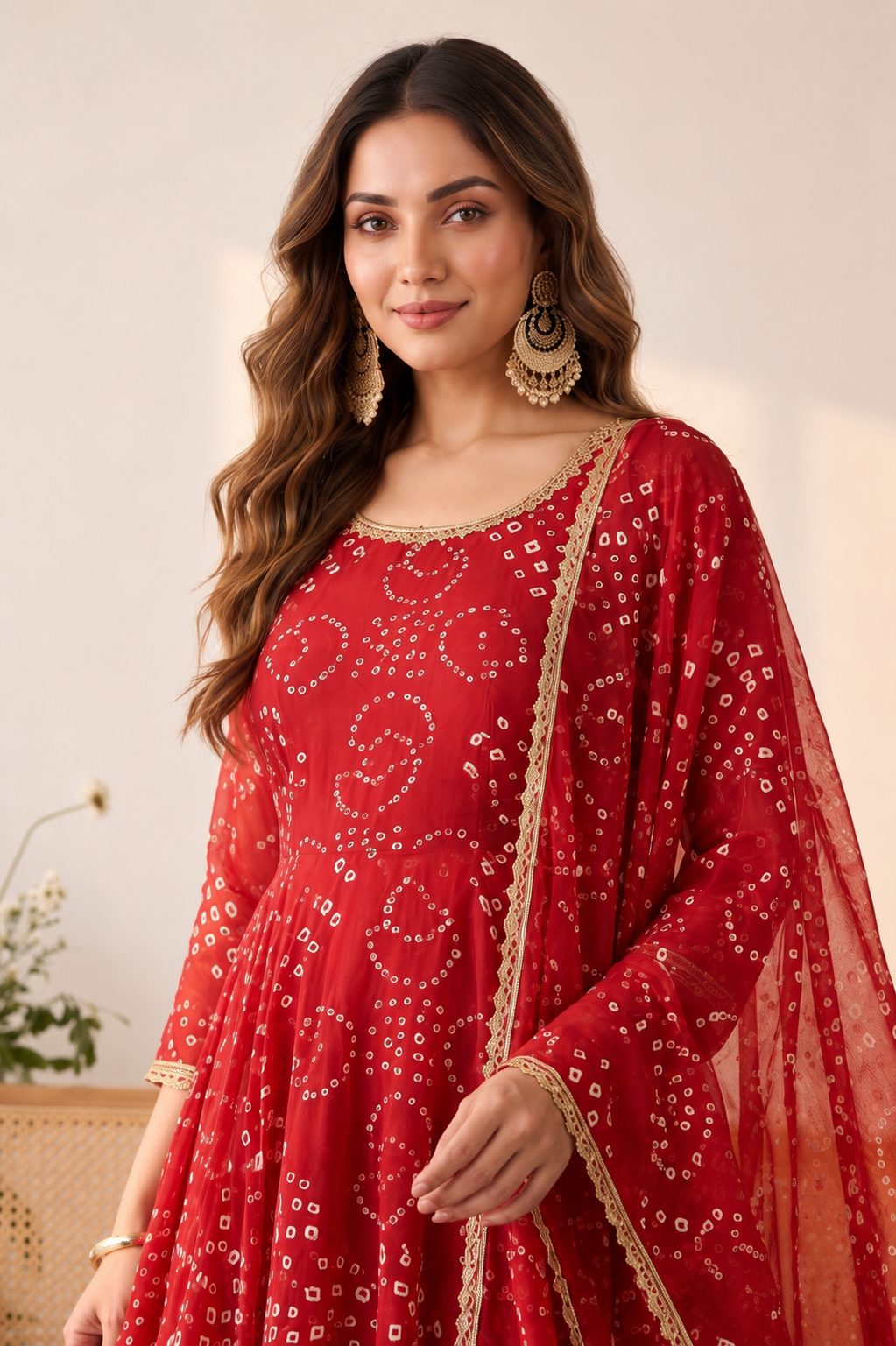 Maroon Bandhani Print Suit – Straight Pant, Full Sleeve